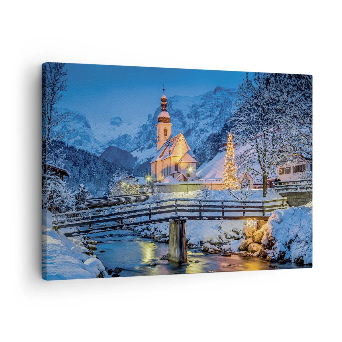 Lærredstryk - Billede på lærred - Vinterlandskab med kirke, bro og bjerge i skumringen - 70x50cm - Julens ånd - Moderne vægdekoration til stue og soveværelse ARTTOR