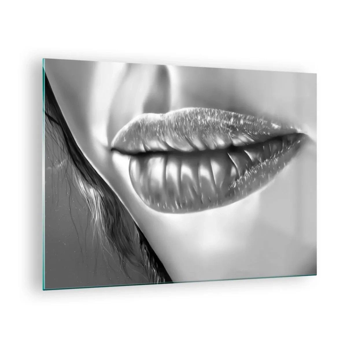 Billede på glas - Sensuelle feminine læber i monokromatiske toner - 70x50cm - Jeg ved, hvad du tænker... - Moderne vægdekoration til stue og soveværelse ARTTOR