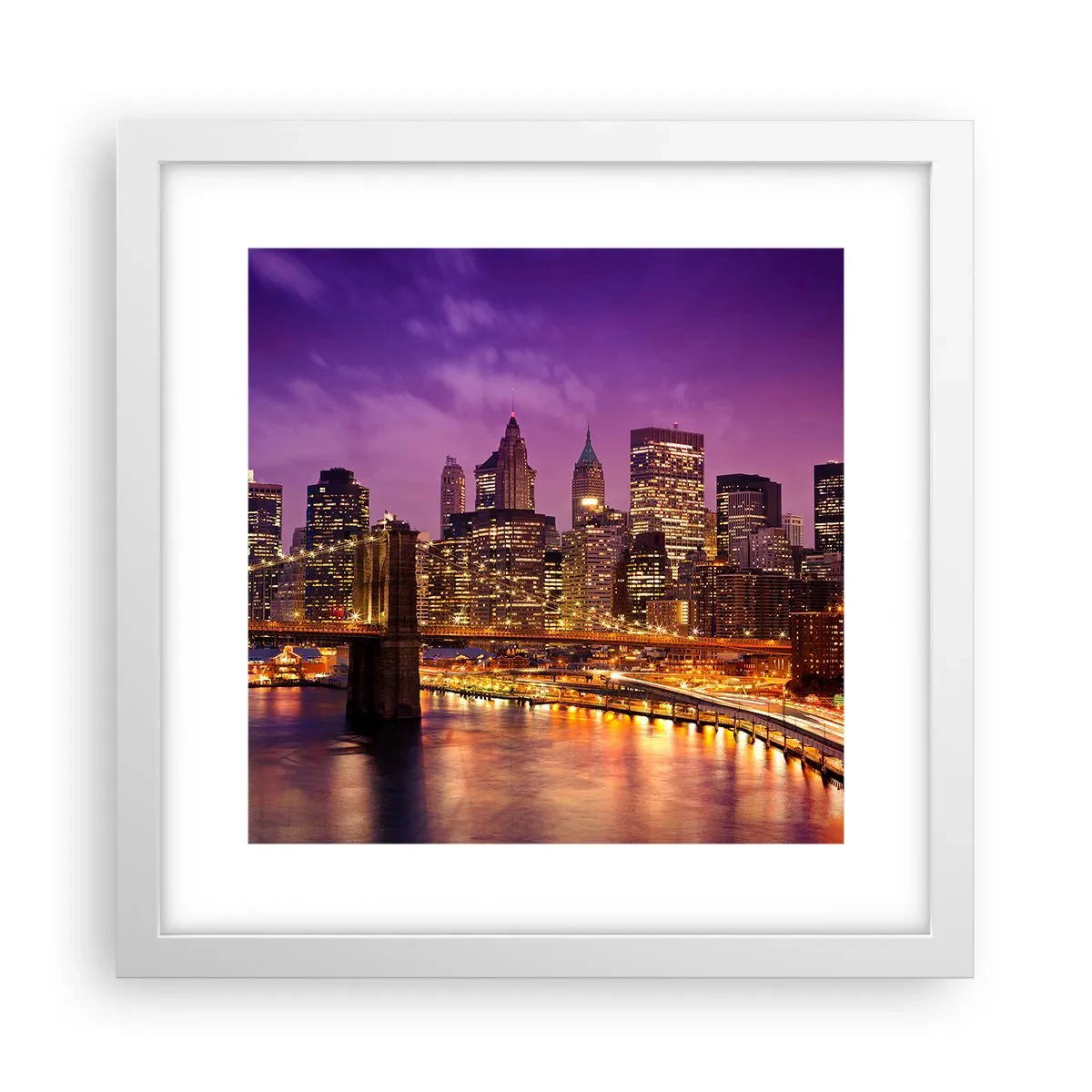 Plakat i hvid ramme - Lilla og gylden Manhattan - 30x30 cm