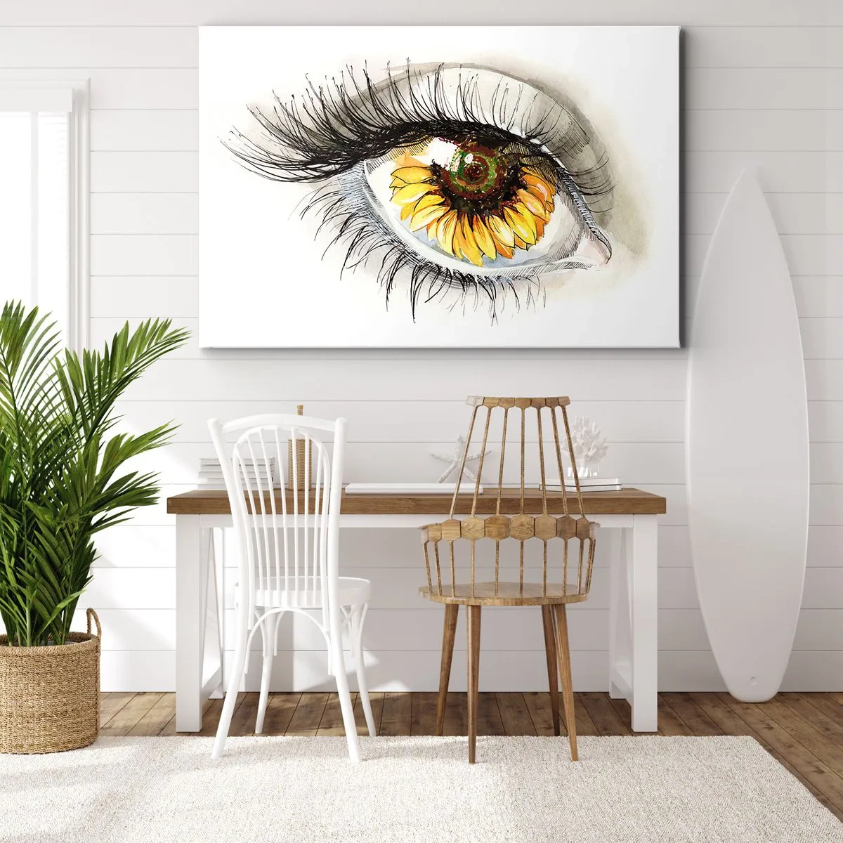 Lærredstryk - Billede på lærred - Kunstnerisk øje med en solsikkeformet iris - 70x50cm - Et look lige så varmt som sommeren - Moderne vægdekoration til stue og soveværelse ARTTOR