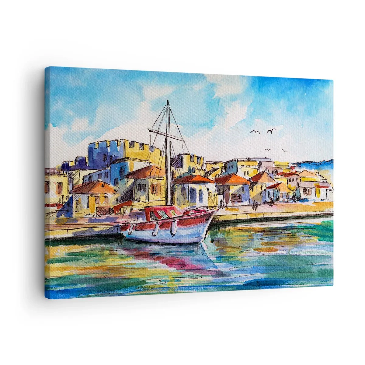 Lærredstryk - Billede på lærred - En malerisk havn med en båd og farverige bygninger - 70x50cm - Regnbue eftermiddag - Moderne vægdekoration til stue og soveværelse ARTTOR