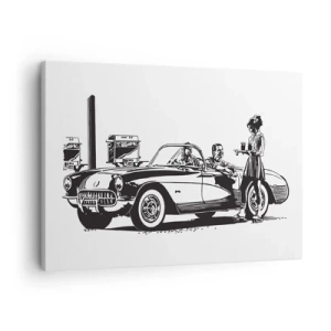 Lærredstryk - Billede på lærred - En sort-hvid retroscene med en bil og en servitrice på rulleskøjter. - 70x50cm - 60. - det ubekymrede Amerika - Moderne vægdekoration til stue og soveværelse ARTTOR
