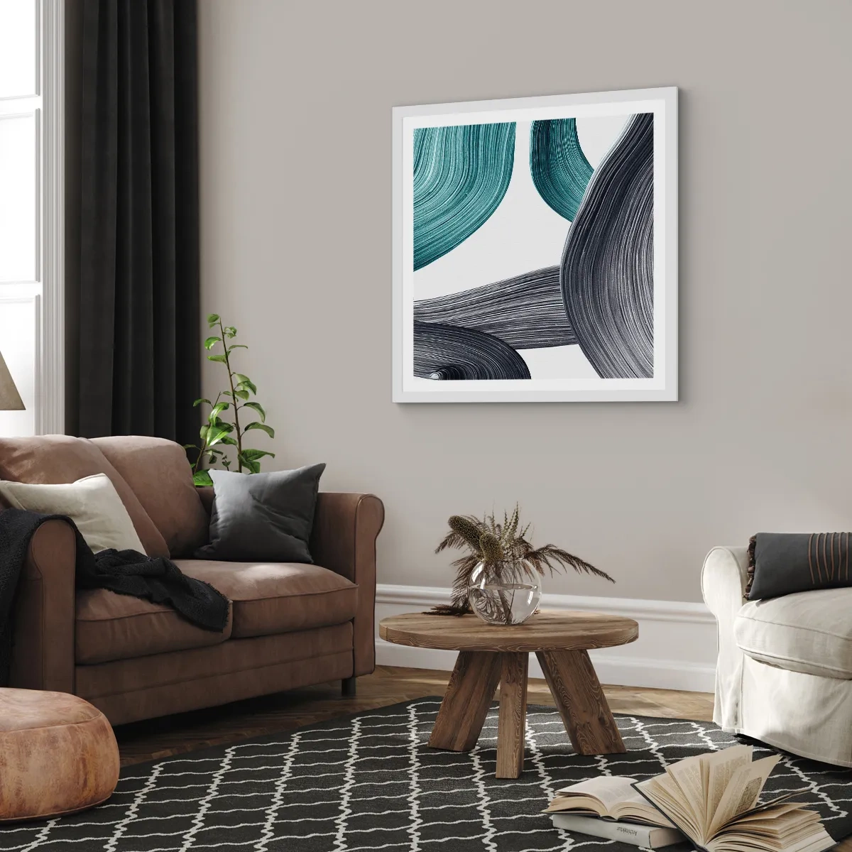 Plakat i hvid ramme - Smaragdgrønne og sorte stier - 40x40 cm