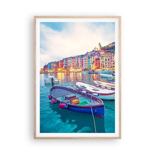 Plakat i ramme af lyst egetræ - En farverig aften i havnen - 70x100 cm