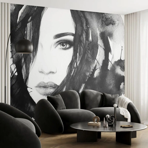Fototapet Premium Canvas - Portræt af en dame i sort og hvidt - Abstraktion, Kvindens ansigt, Portræt - 500x350 cm