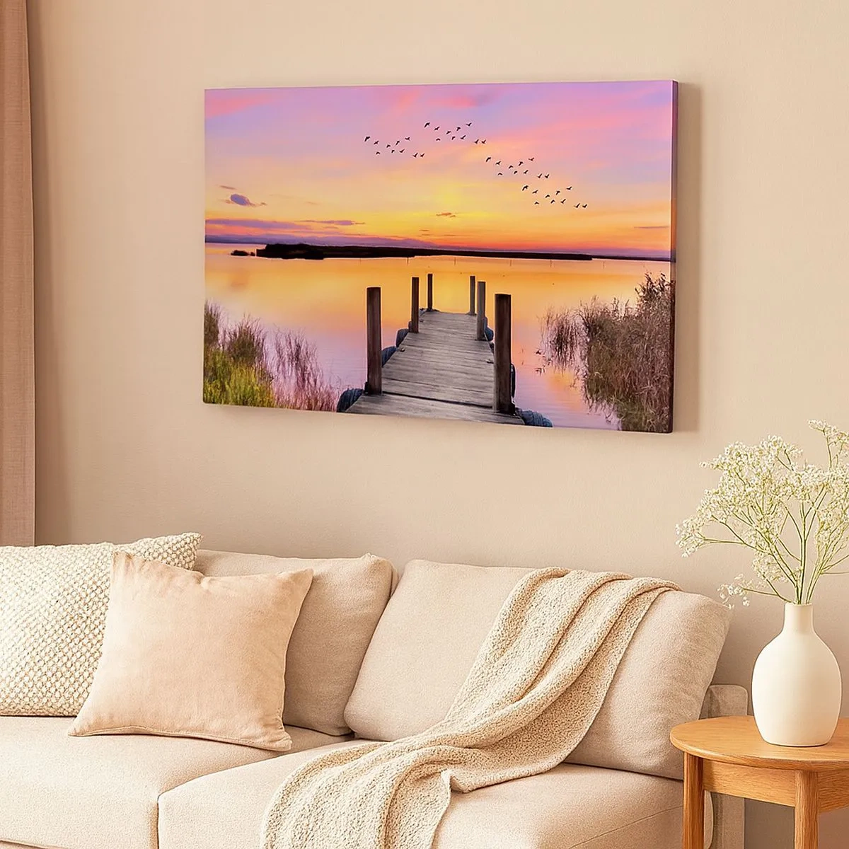 Lærredstryk - Billede på lærred - En mole ved en sø ved solnedgang med fugle på himlen - 70x50cm - Violet stille daggry - Moderne vægdekoration til stue og soveværelse ARTTOR
