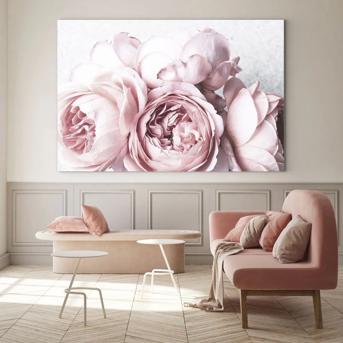 Billede på glas - Nærbillede af lyserøde pæonblomster i blødt lys - 70x50cm - For de romantiske - Moderne vægdekoration til stue og soveværelse ARTTOR