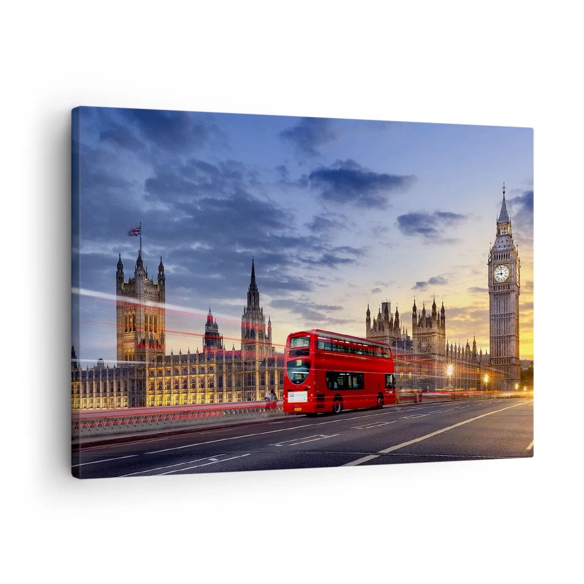 Lærredstryk - Billede på lærred - En rød bus med Big Ben og Parlamentet i baggrunden i skumringen. - 70x50cm - Særlige kendetegn - Moderne vægdekoration til stue og soveværelse ARTTOR