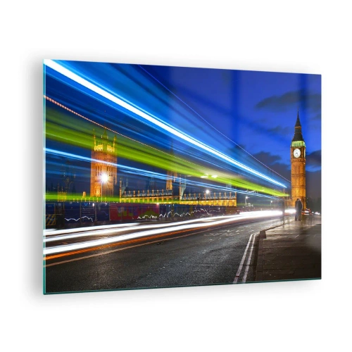Billede på glas - Big Ben om natten med slørede billys - 70x50cm - Under Big Ben's øjne - Moderne vægdekoration til stue og soveværelse ARTTOR