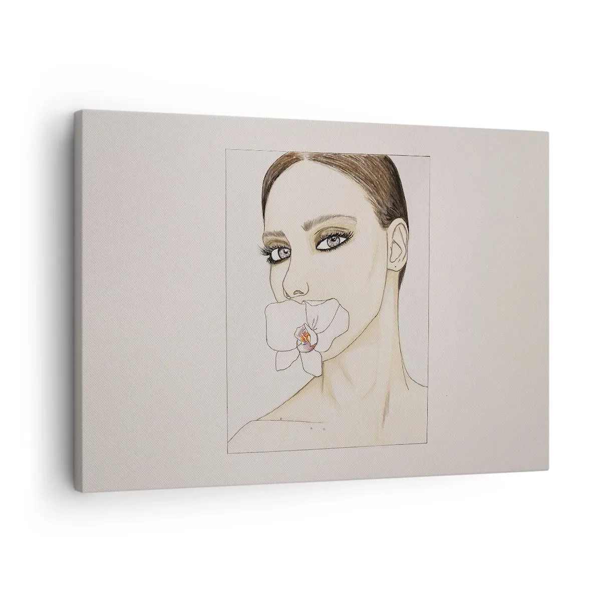 Lærredstryk - Billede på lærred - Portræt af en kvinde med en orkidé i sarte farver - 70x50cm - Et symbol på elegance og skønhed - Moderne vægdekoration til stue og soveværelse ARTTOR