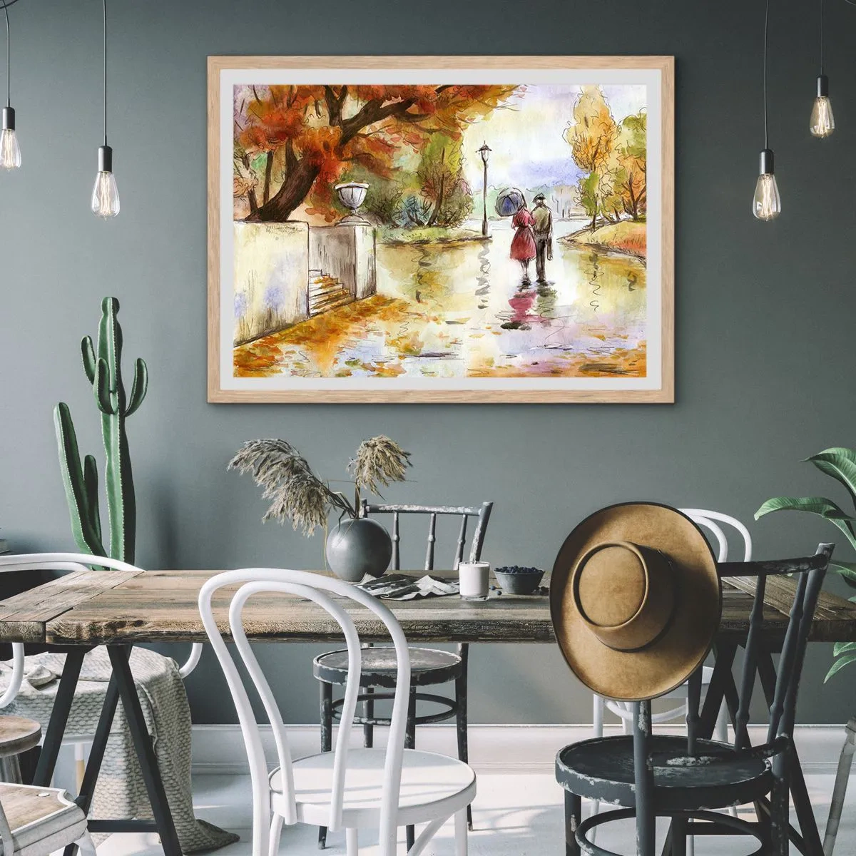 Plakat i ramme af lyst egetræ - Romantisk efterår i parken - 40x30 cm