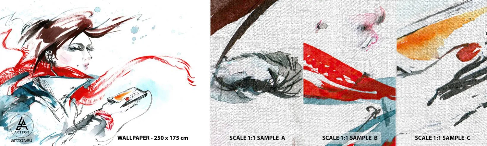 Prøve Fototapet Premium Canvas - Noget spiller inden i mig - Kvinde, Telefon, Mode - 100x30 cm