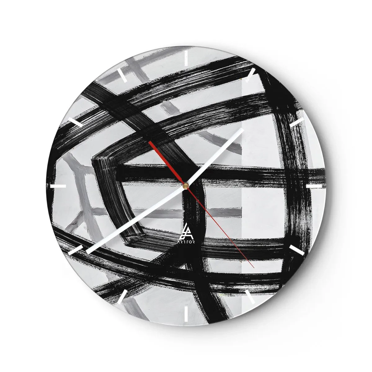 Vægur, Uret - Dynamiske sorte penselstrøg skaber tredimensionelle mønstre - 30x30cm - Opbygning af dybde - Moderne vægdekoration til stue, køkken og soveværelse ARTTOR