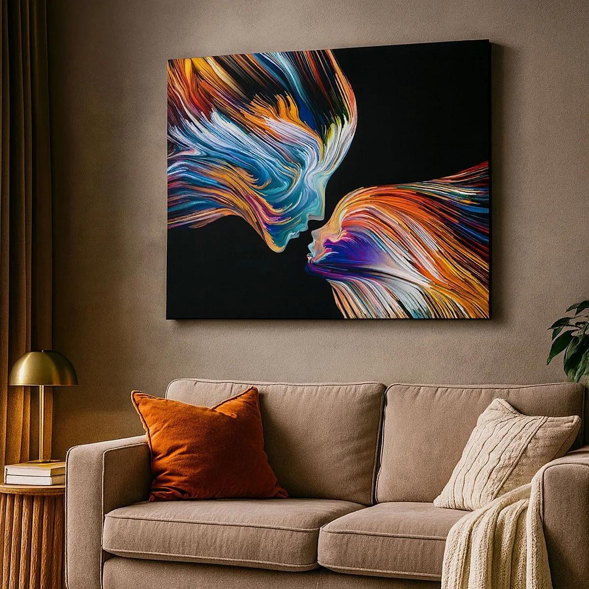 Lærredstryk - Billede på lærred - Farverige silhuetter af ansigter i dynamiske strømme på en sort baggrund - 70x50cm - Fusion af energi og lys - Moderne vægdekoration til stue og soveværelse ARTTOR