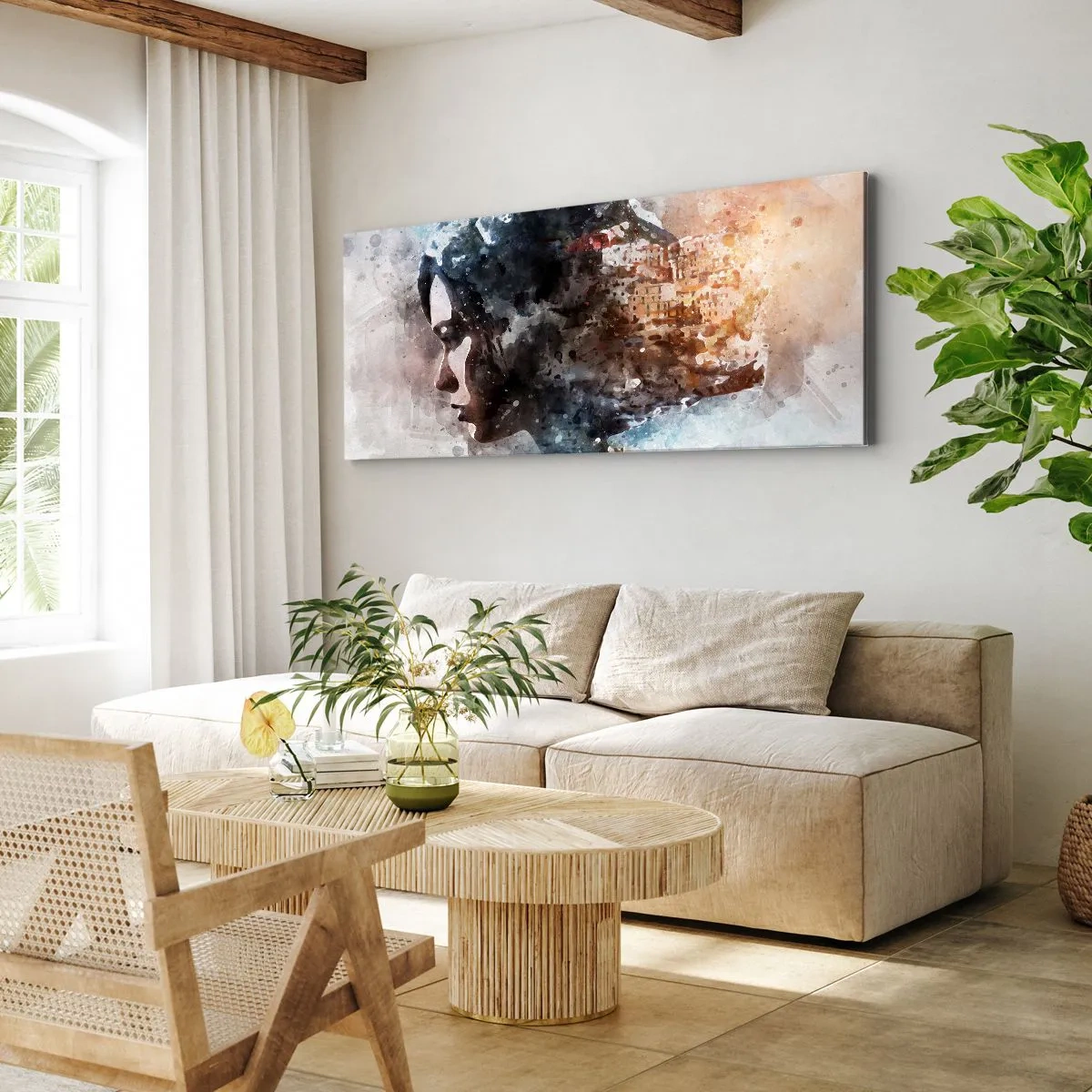 Lærredstryk - Billede på lærred - Historien om en pige med en by i baggrunden - 100x40 cm