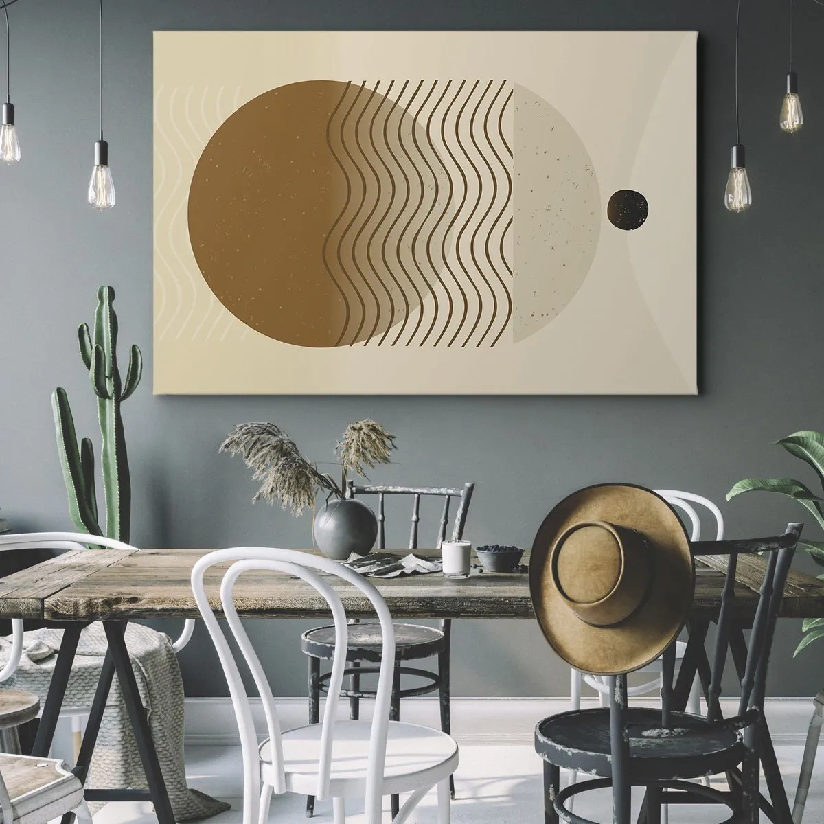 Lærredstryk - Billede på lærred - Geometrisk abstraktion med cirkler og bølgede linjer i varme farver. - 70x50cm - Om geometriske figurers oprindelse - Moderne vægdekoration til stue og soveværelse ARTTOR