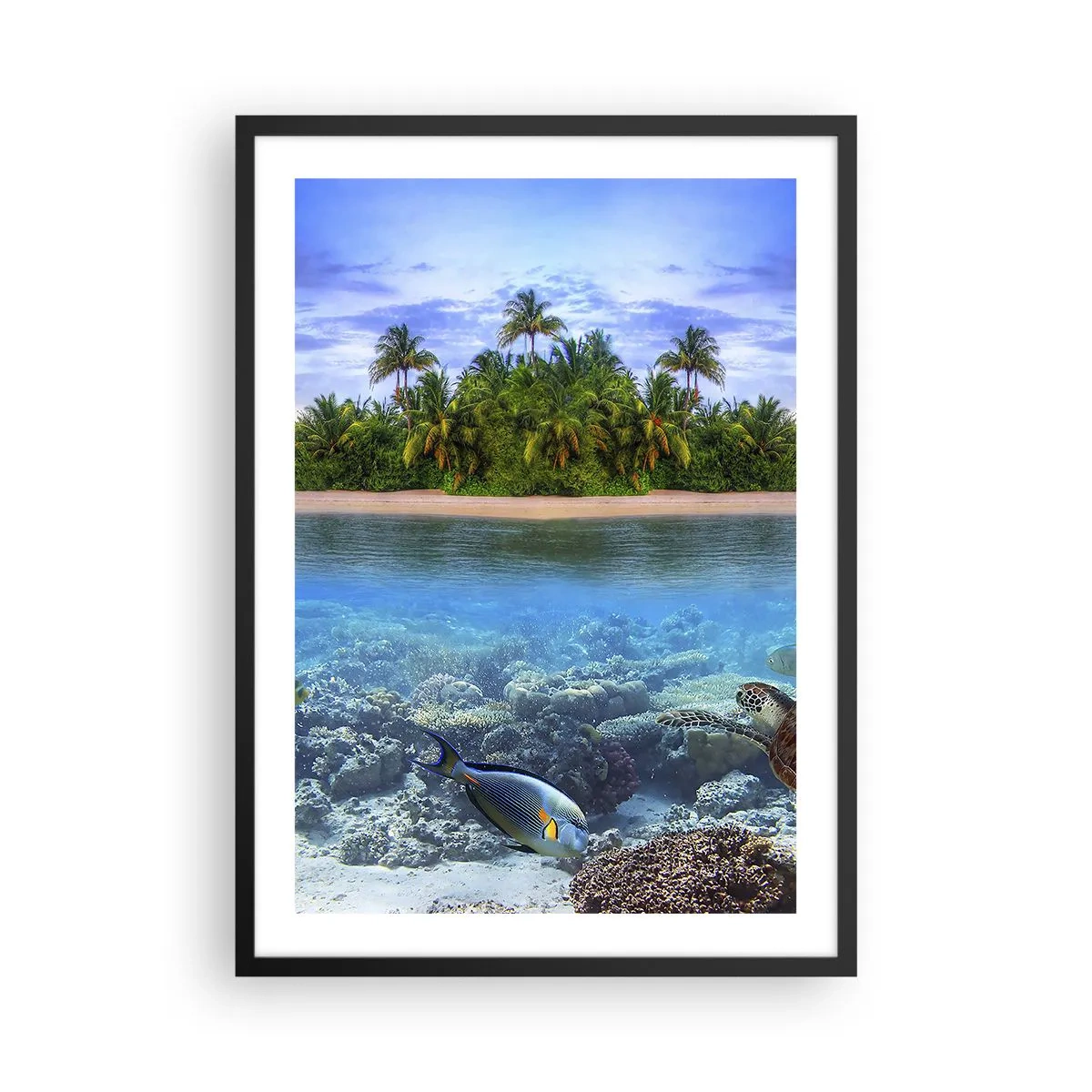 Plakat i sort ramme - En tropisk ø med et koralrev og eksotiske fisk. - 50x70cm - Den himmelske ø inviterer dig - Moderne vægdekoration til stue og soveværelse ARTTOR