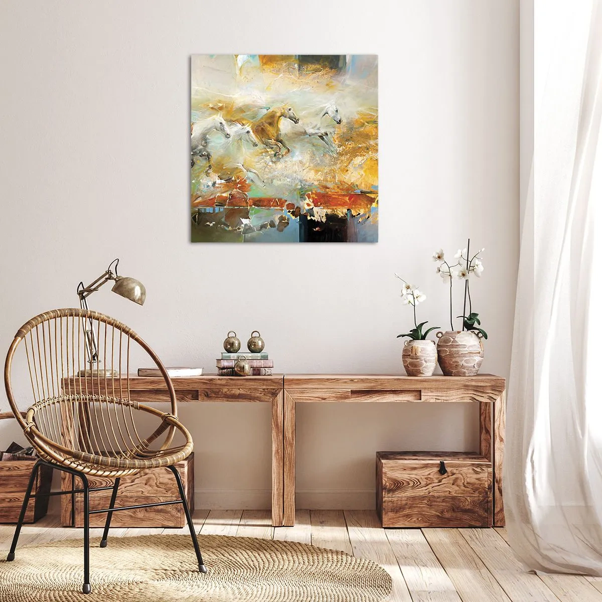 Lærredstryk - Billede på lærred - Galopperer gennem lyset - 30x30 cm