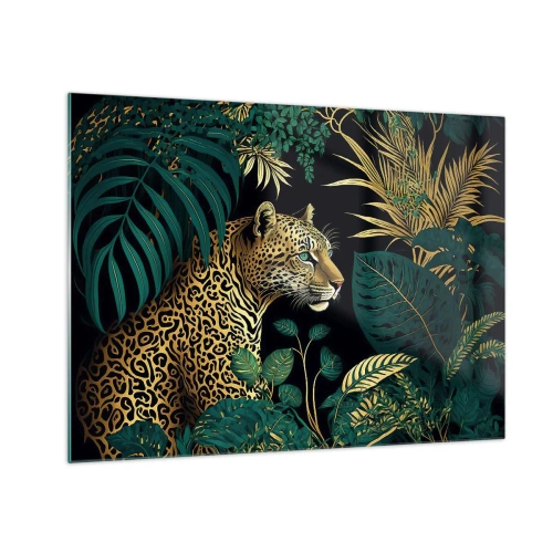 Billede på glas - En leopard blandt tropiske blade på en mørk baggrund - 70x50cm - Værten i junglen - Moderne vægdekoration til stue og soveværelse ARTTOR