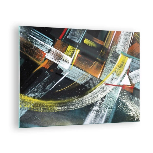 Billede på glas - Dynamisk abstraktion med farverige penselstrøg - 70x50cm - Bevægelsesenergi - Moderne vægdekoration til stue og soveværelse ARTTOR