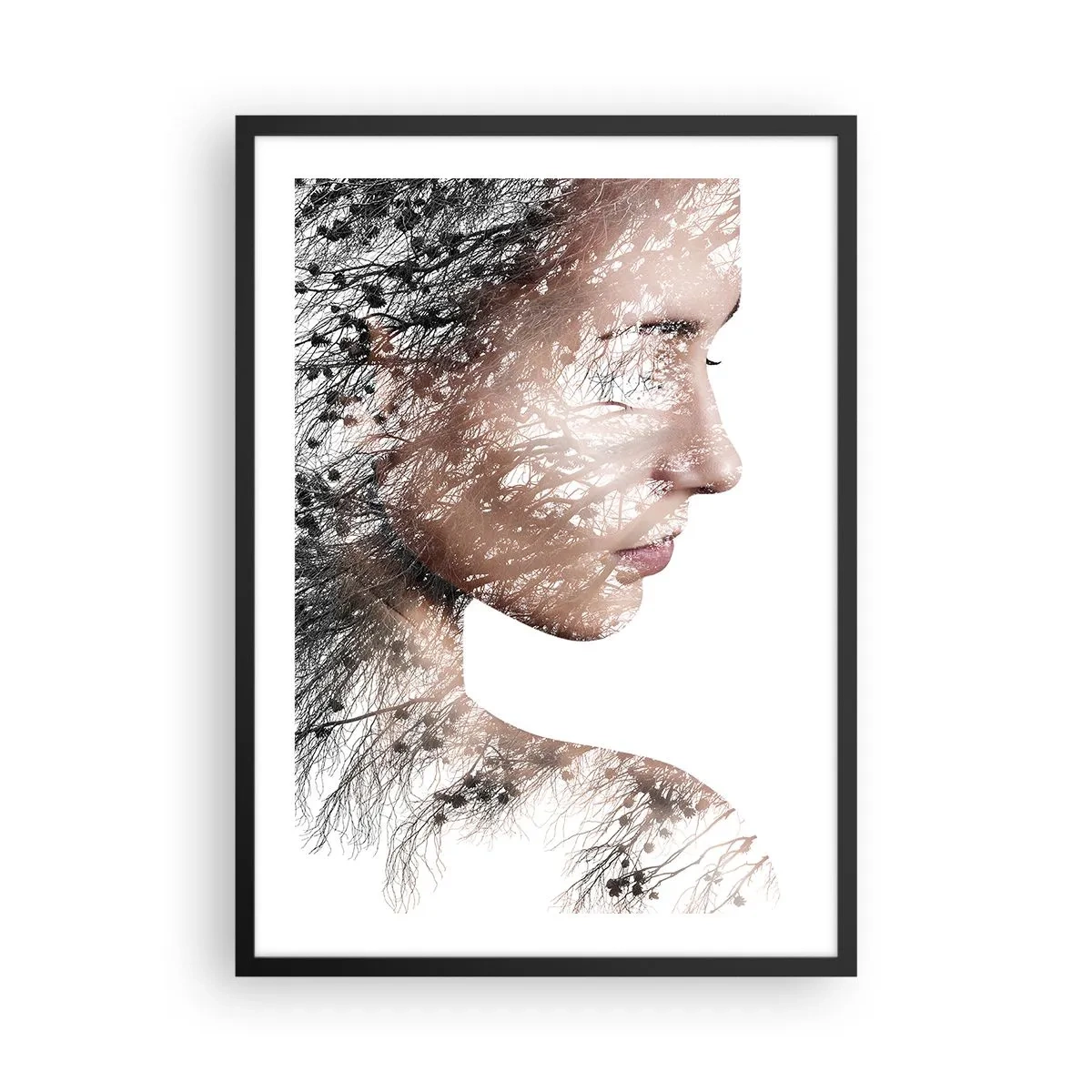 Plakat i sort ramme - Dobbelteksponeringsportræt af en kvinde med et naturmotiv - 50x70cm - Skovens ånd - Moderne vægdekoration til stue og soveværelse ARTTOR