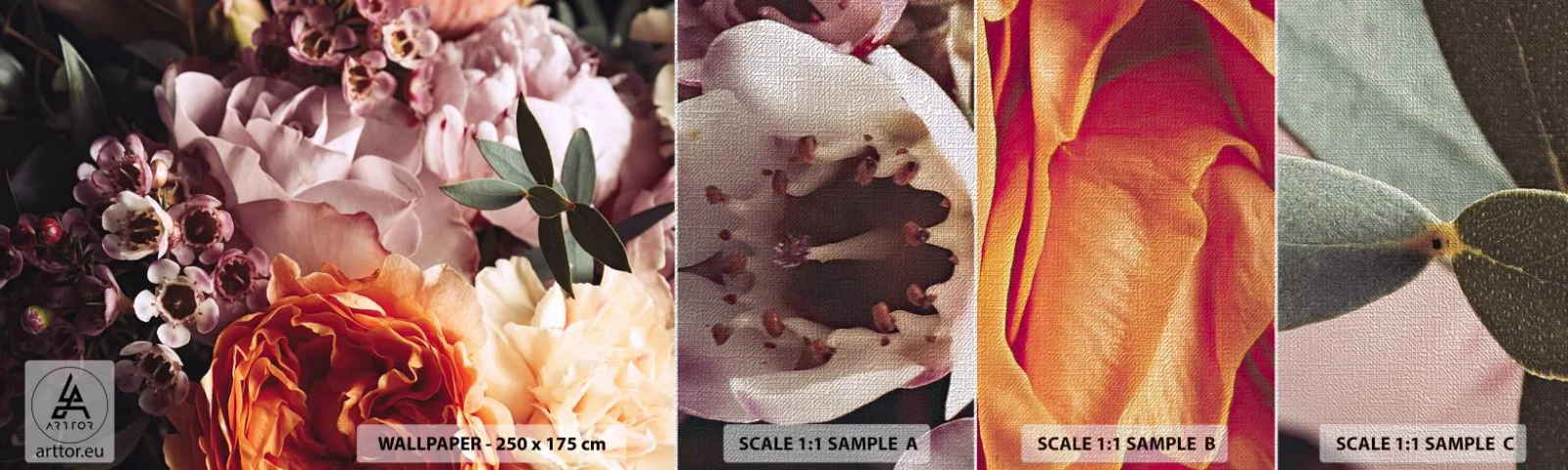 Prøve Fototapet Premium Canvas - Indhyllet i skønhed - Blomster, Buket blomster, Rose - 100x30 cm