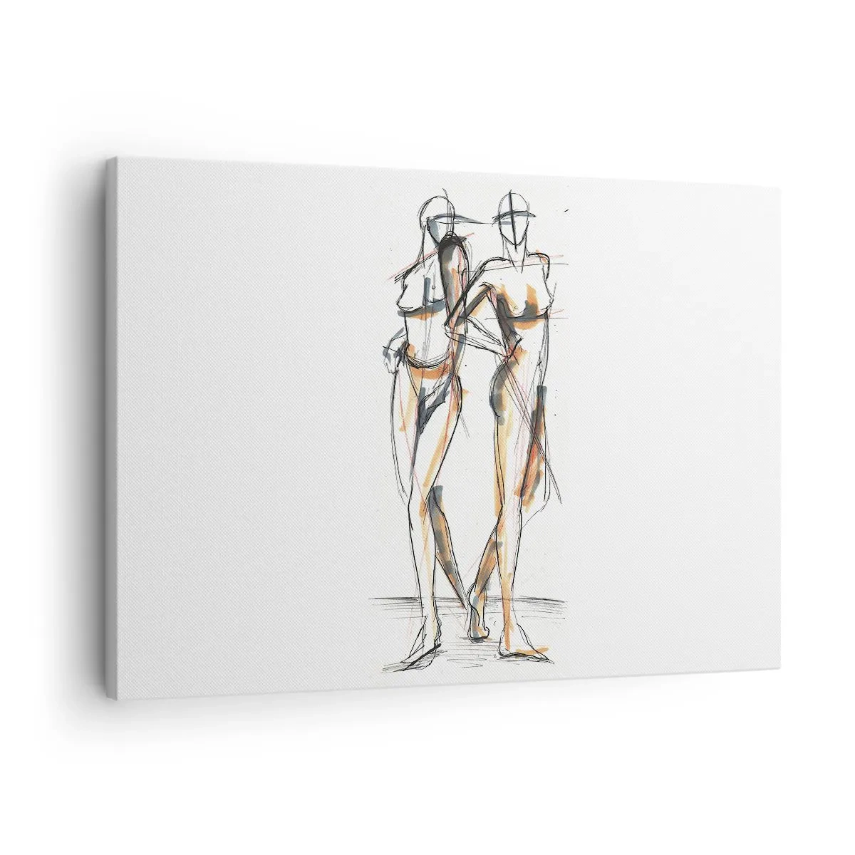 Lærredstryk - Billede på lærred - Kunstnerisk skitse af to silhuetter på en hvid baggrund - 70x50cm - En undersøgelse af charme - Moderne vægdekoration til stue og soveværelse ARTTOR