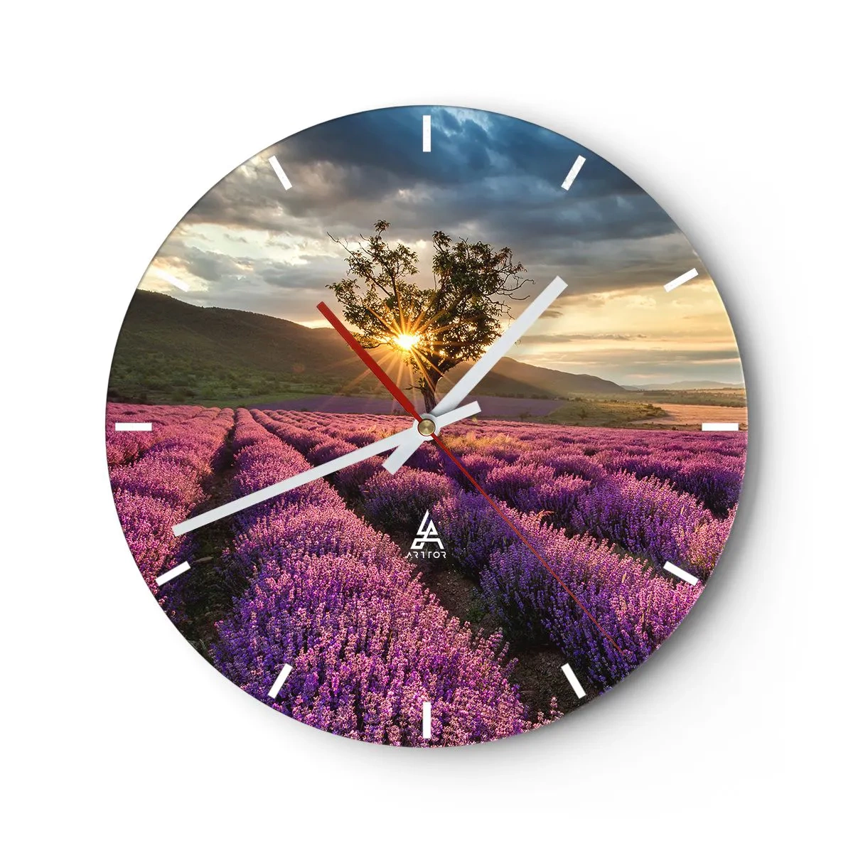 Vægur, Uret - En lavendelmark ved solnedgang med et ensomt træ - 30x30cm - Lilla aroma - Moderne vægdekoration til stue, køkken og soveværelse ARTTOR