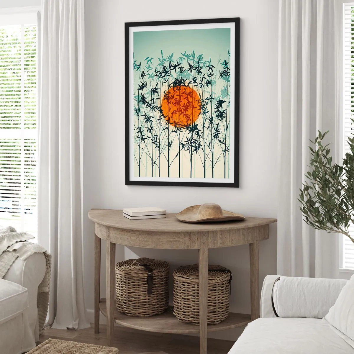 Plakat i sort ramme - Solen bag bambusgrenene - 50x70cm - Japansk sol - Moderne vægdekoration til stue og soveværelse ARTTOR