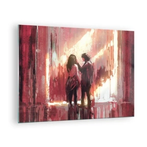 Billede på glas - Et par i det varme lys i en abstrakt setting - 70x50cm - Kærlighedens evige skuespil - Moderne vægdekoration til stue og soveværelse ARTTOR