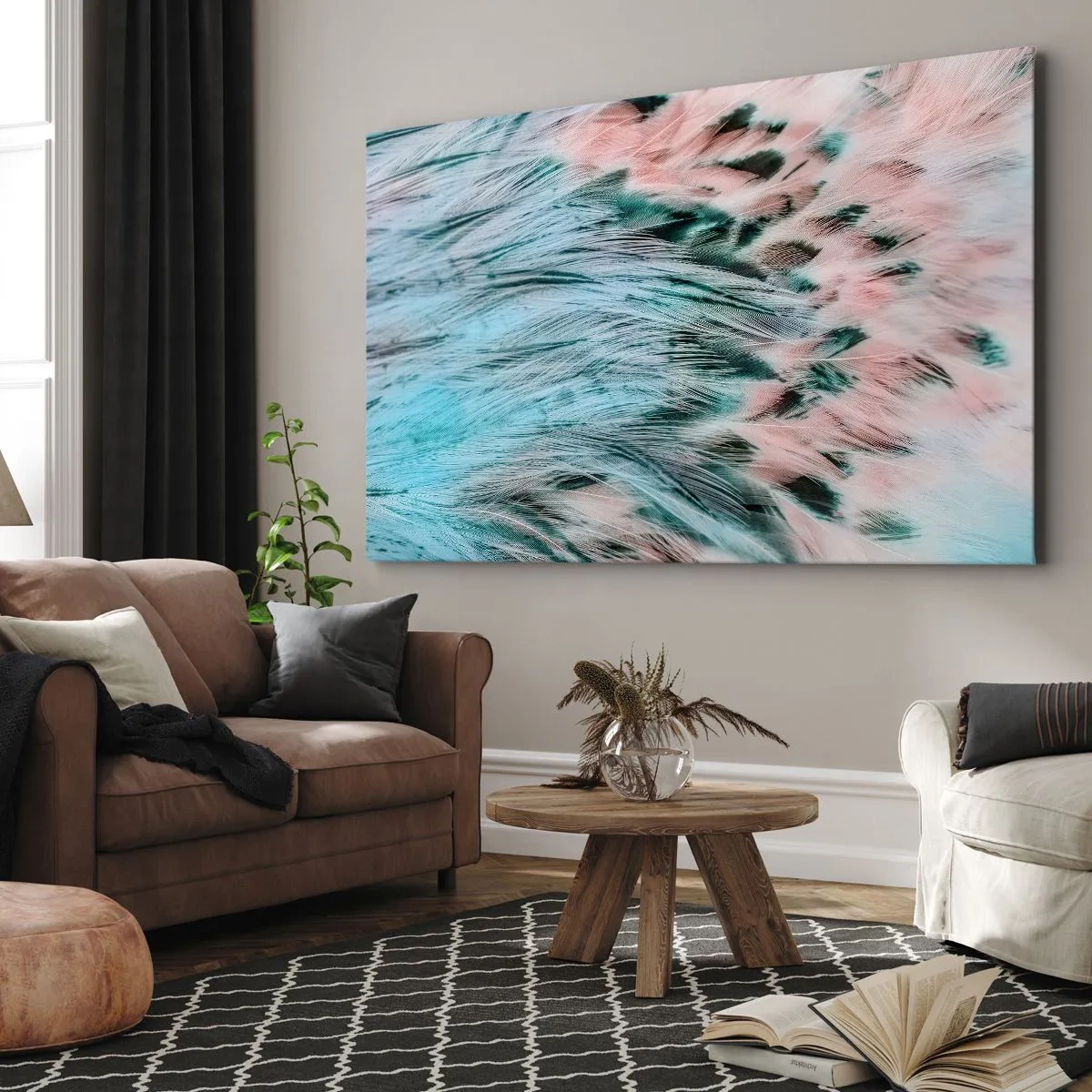 Lærredstryk - Billede på lærred - Nærbillede af fjer i pastelfarvede safirrosa farver - 70x50cm - Safir lyserød fnug - Moderne vægdekoration til stue og soveværelse ARTTOR
