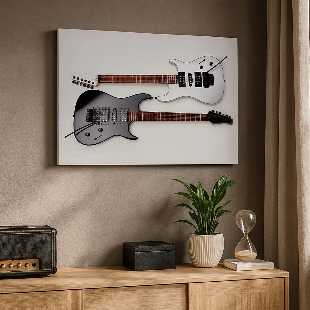 Lærredstryk - Billede på lærred - To elektriske guitarer i sort og hvid på en lys baggrund. - 70x50cm - Harmoni af former - Moderne vægdekoration til stue og soveværelse ARTTOR