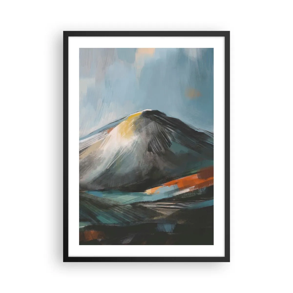 Plakat i sort ramme - Abstrakt bjerglandskab i nuancer af marineblå og orange - 50x70cm - Rå og smuk - Moderne vægdekoration til stue og soveværelse ARTTOR