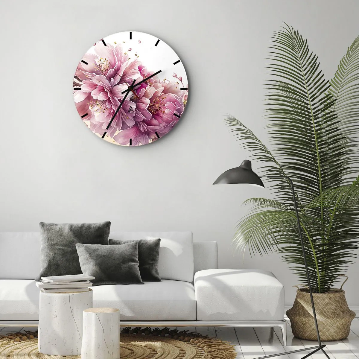 Vægur, Uret - Blomstrende lyserøde kirsebærblomster på en hvid baggrund i kunstnerisk stil - 30x30cm - Kirsebærblomst - Moderne vægdekoration til stue, køkken og soveværelse ARTTOR