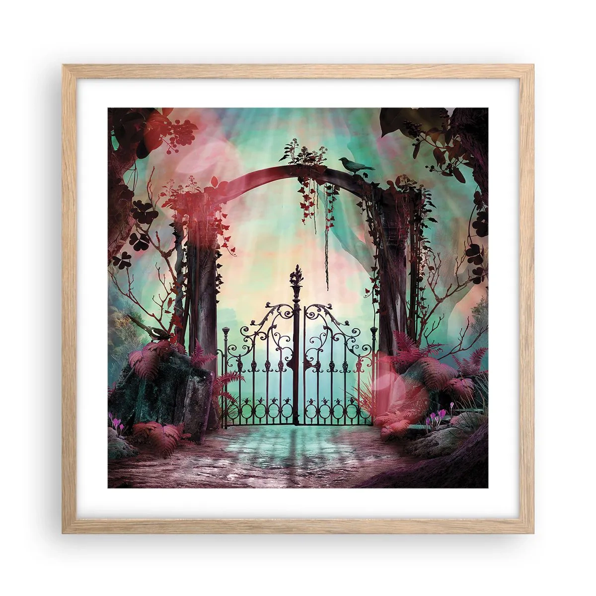 Plakat i ramme af lyst egetræ - Hemmelig have - 50x50 cm