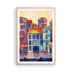 Plakat i ramme af lyst egetræ - En by som et eventyr - 61x91 cm