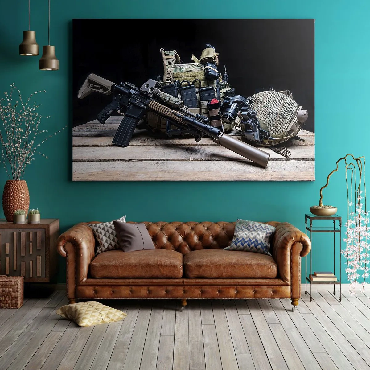 Lærredstryk - Billede på lærred - Taktisk udstyr med en riffel på et træbord - 70x50cm - Hvil! - Moderne vægdekoration til stue og soveværelse ARTTOR