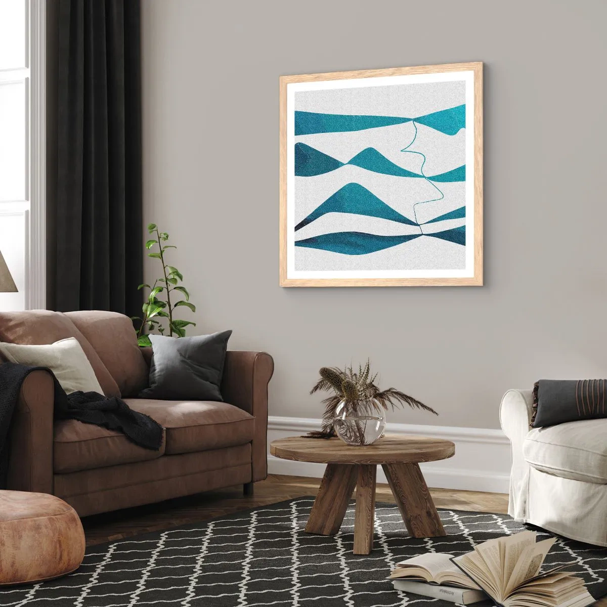 Plakat i ramme af lyst egetræ - Abstraktion: en turkis sammensætning - 40x40 cm