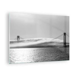Billede på glas - En bro i sort-hvid med tåge over vandet - 70x50cm - Sejl gennem Golden Gate - Moderne vægdekoration til stue og soveværelse ARTTOR