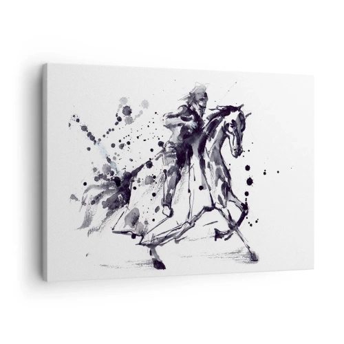 Lærredstryk - Billede på lærred - Sort-hvid akvarel af en rytter på en galoperende hest - 70x50cm - Sort ridder - Moderne vægdekoration til stue og soveværelse ARTTOR