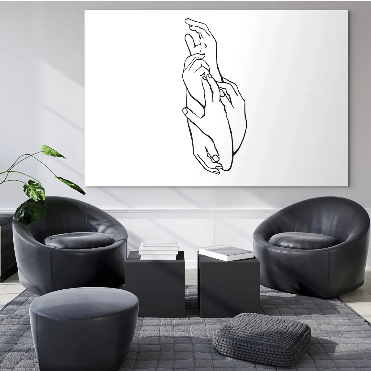Billede på glas - En diskret lineær tegning af foldede hænder på en hvid baggrund. - 70x50cm - God berøring - Moderne vægdekoration til stue og soveværelse ARTTOR