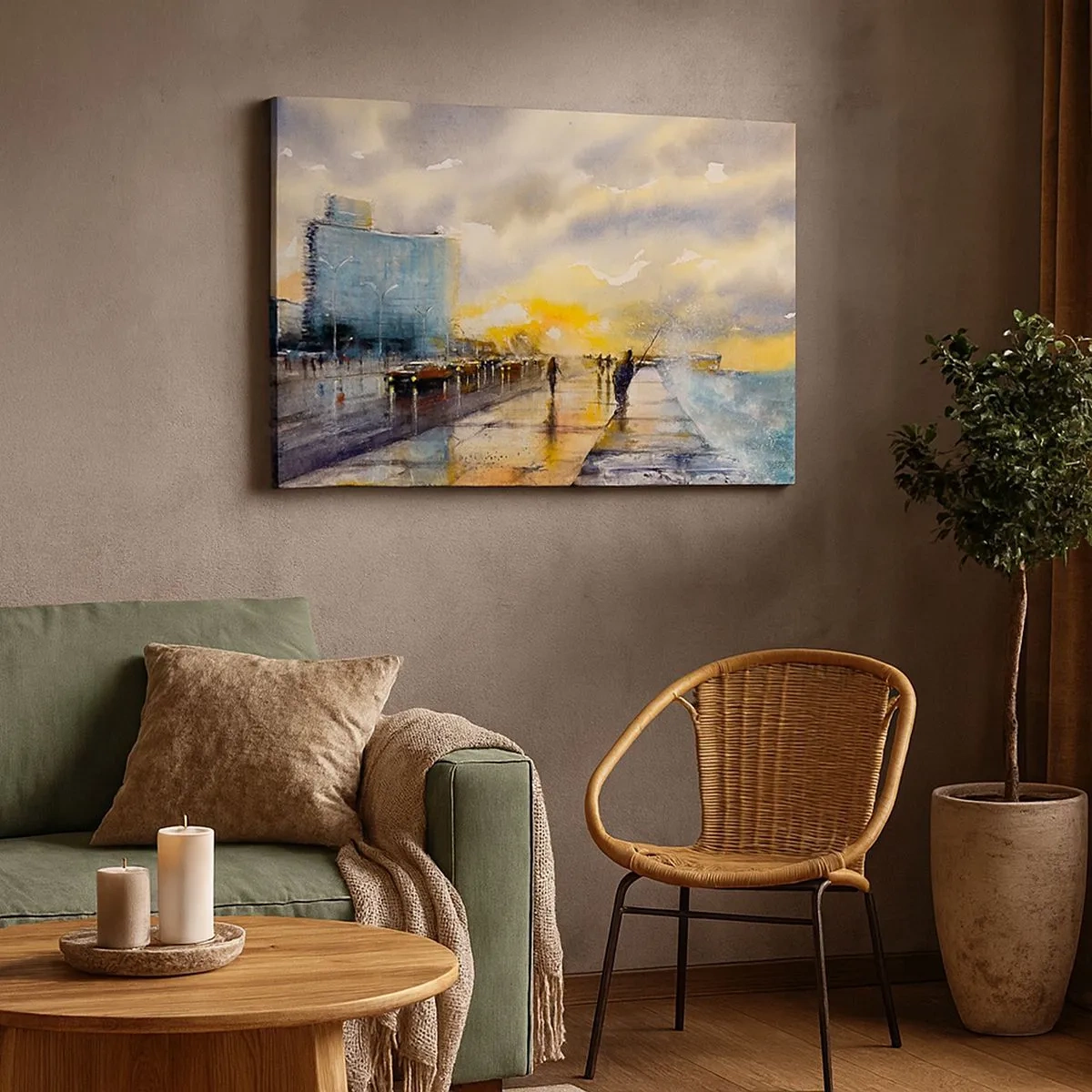 Lærredstryk - Billede på lærred - En malerisk udsigt over strandpromenaden ved solnedgang - 70x50cm - Livet på kysten - Moderne vægdekoration til stue og soveværelse ARTTOR