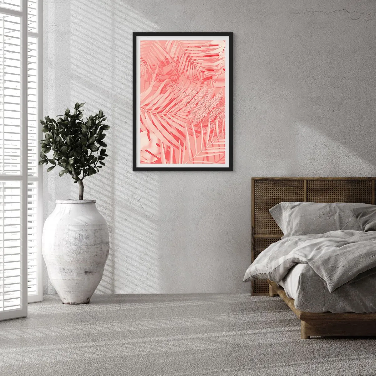 Plakat i sort ramme - Lyserød bregne og palmeblade på en pastelfarvet baggrund - 50x70cm - Lyserødt koncept - Moderne vægdekoration til stue og soveværelse ARTTOR
