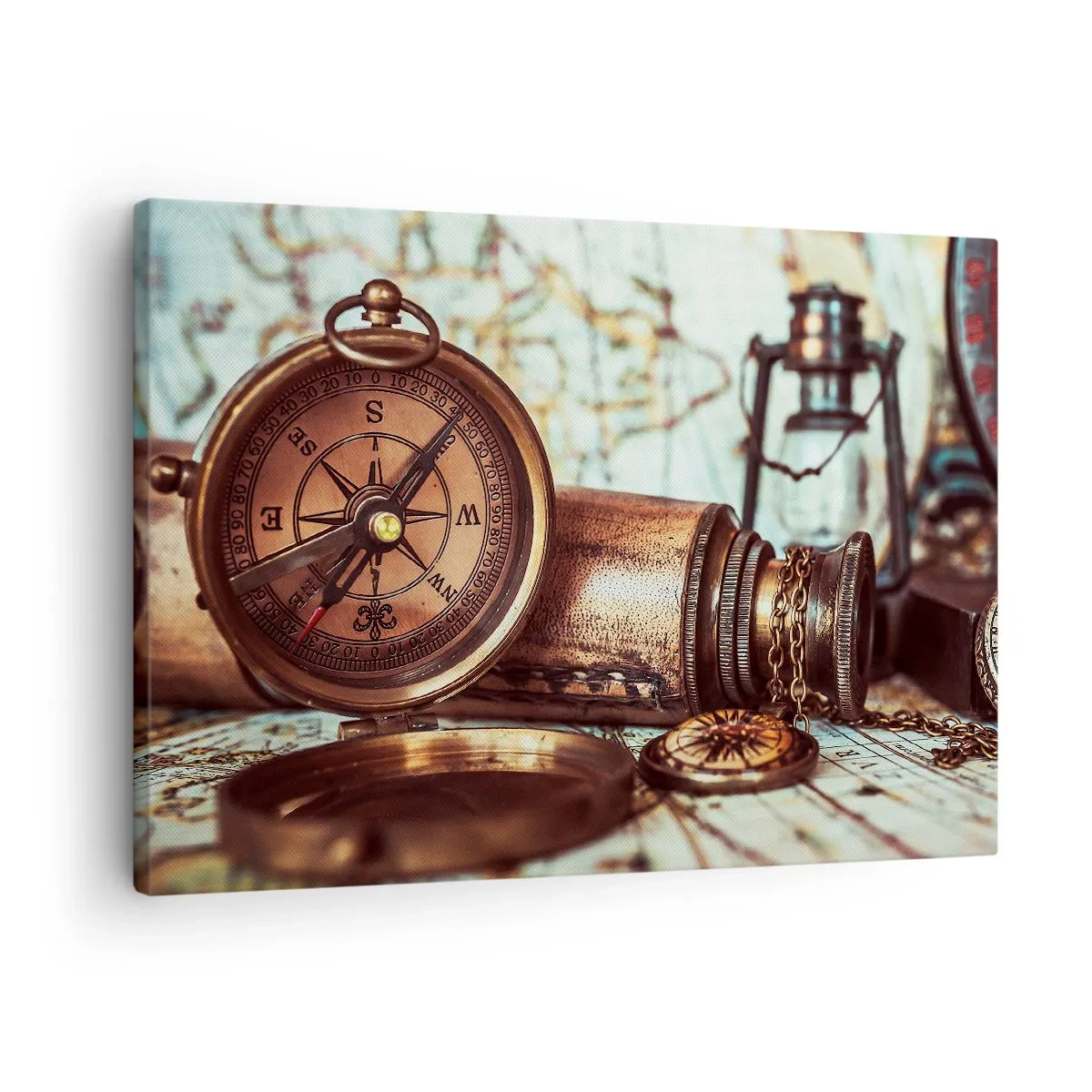 Lærredstryk - Billede på lærred - Et retro sæt med kompas, teleskop og kort i rejsetema - 70x50cm - Der venter dig et pirateventyr i Caribien - Moderne vægdekoration til stue og soveværelse ARTTOR