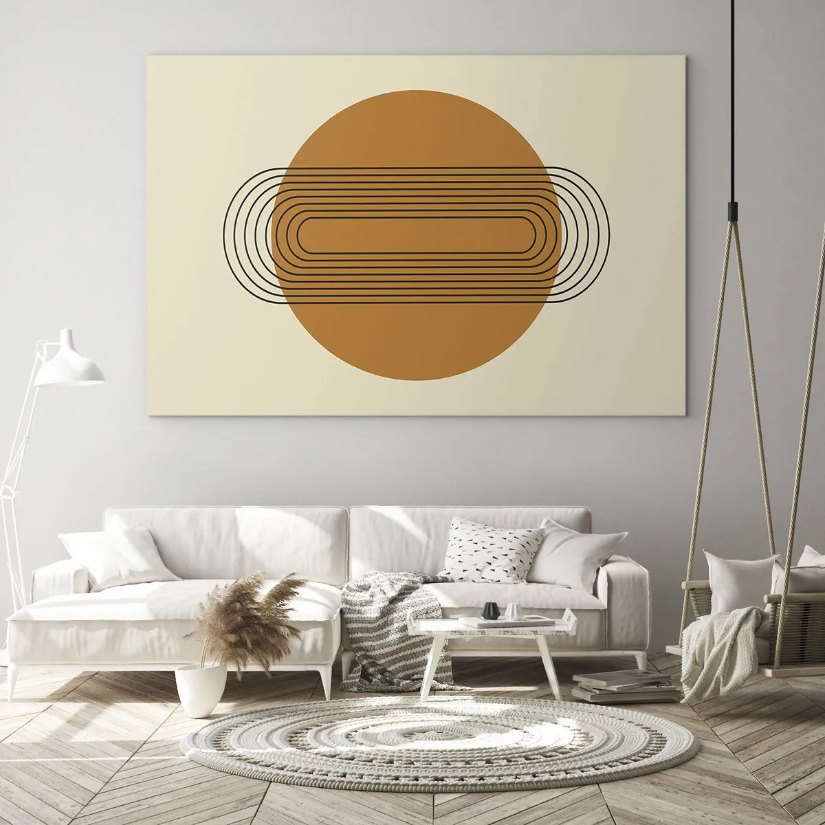 Billede på glas - Geometrisk abstraktion med cirkler og linjer - 70x50cm - Den perfekte plan - Moderne vægdekoration til stue og soveværelse ARTTOR