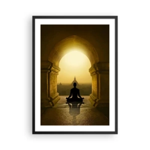 Plakat i sort ramme - En figur, der mediterer i en tempelbue mod den opgående sols baggrund - 50x70cm - Fuldkommen harmoni - Moderne vægdekoration til stue og soveværelse ARTTOR