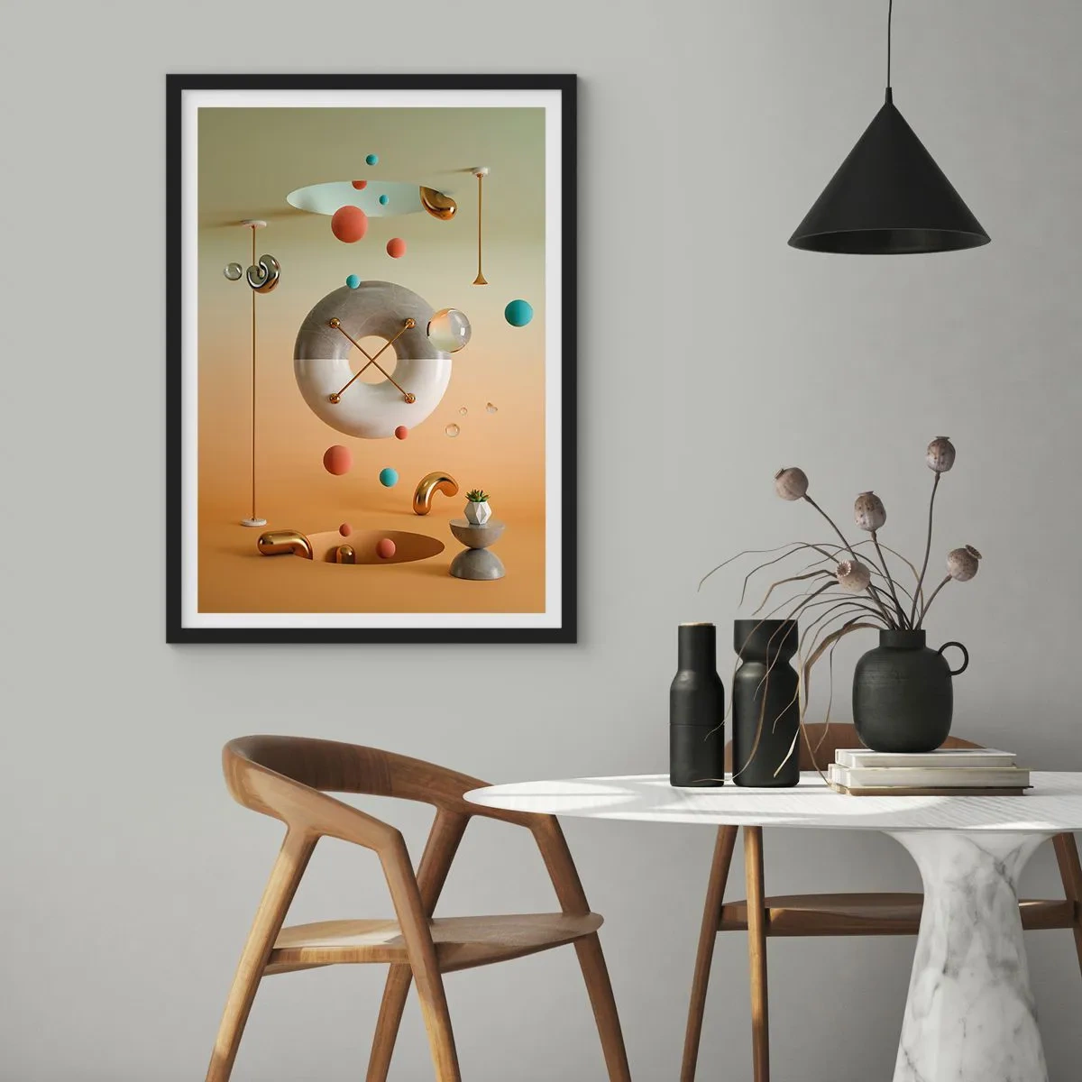 Plakat i sort ramme - En abstrakt komposition af geometriske former i varme farver. - 50x70cm - Alt kan ske - Moderne vægdekoration til stue og soveværelse ARTTOR
