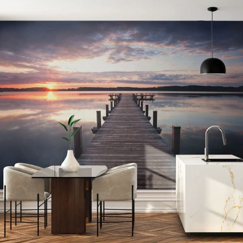 Fototapet Premium Sand - Den tavse grænse mellem dag og nat - Landskab, Sø, Solnedgang - 100x70 cm