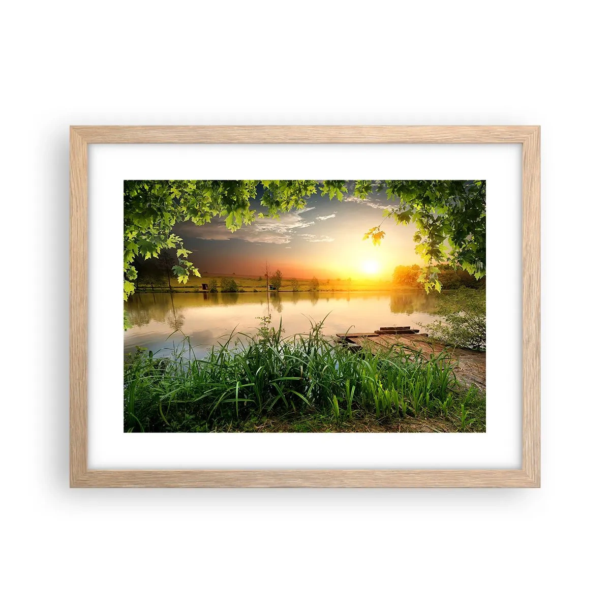 Plakat i ramme af lyst egetræ - Landskab i en grøn ramme - 40x30 cm