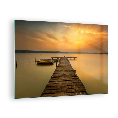 Billede på glas - Mole ved søen ved solnedgang med en båd - 70x50cm - Jeg vil åbne den gyldne himmel for dig - Moderne vægdekoration til stue og soveværelse ARTTOR